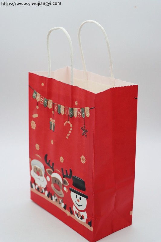 Christmas Cute Snowman and Elk Red Kraft Paper Tote Bag