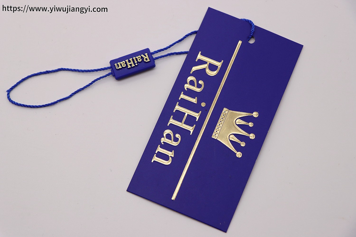 Royal Blue Background Gold Foil Crown Logo Brand Hang Tag (with Matching String)